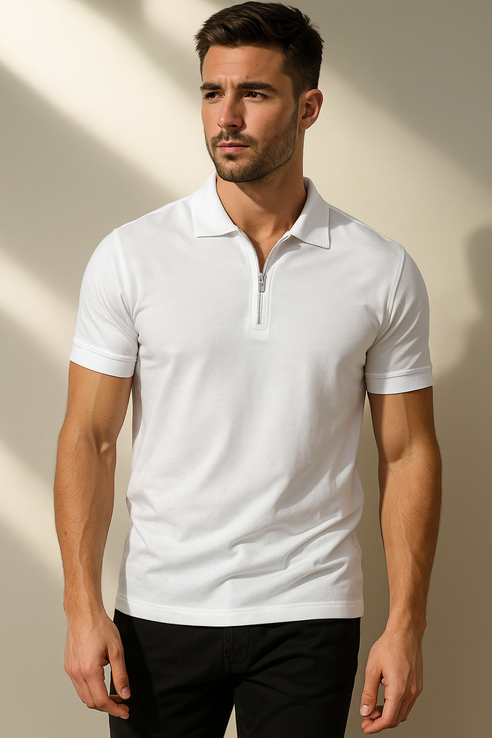 Men's Half-Sleeve White Polo Half-zipped T-Shirts