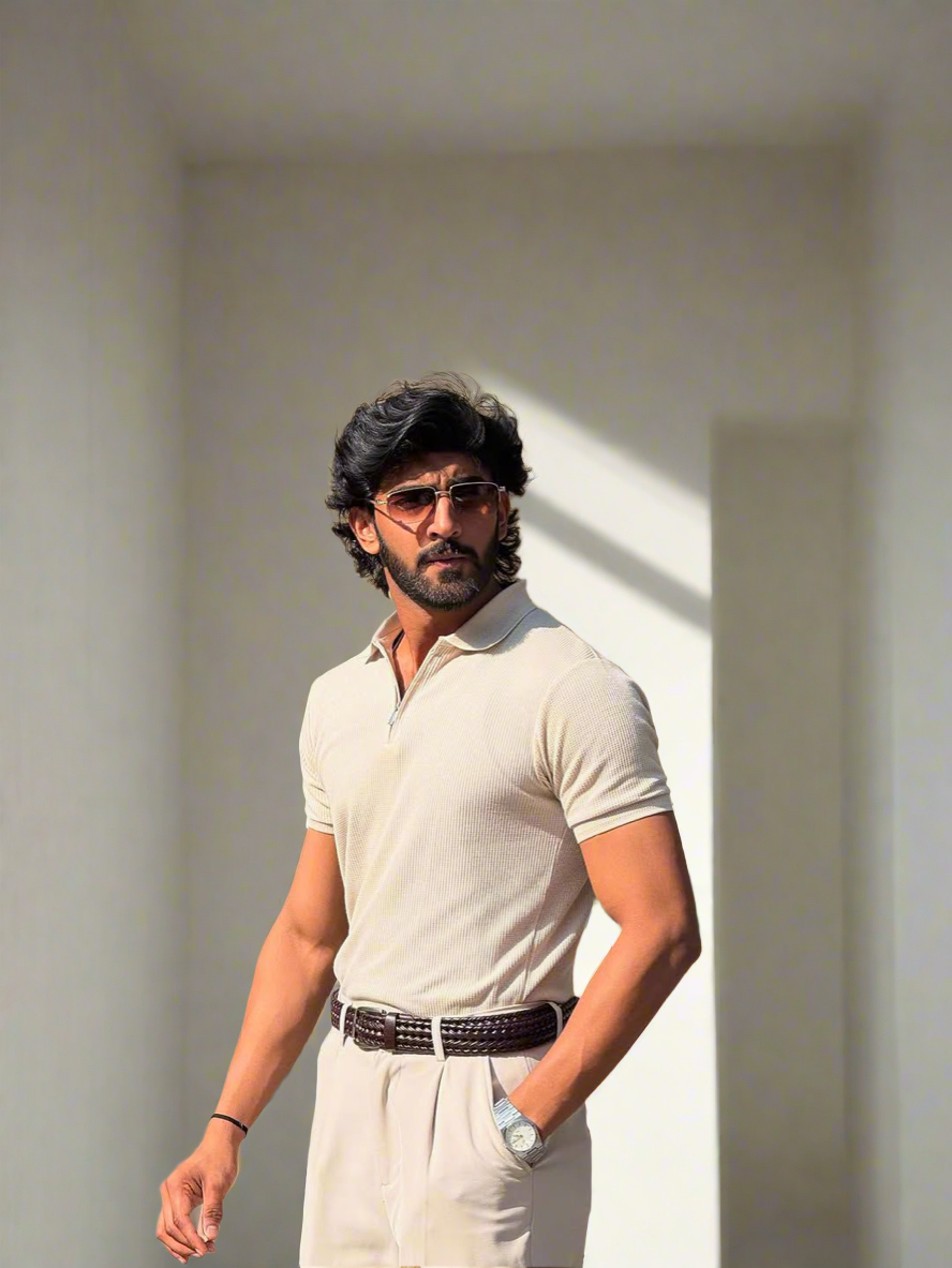 Men's Bisque Cream Half-Zip Textured Polo Shirt