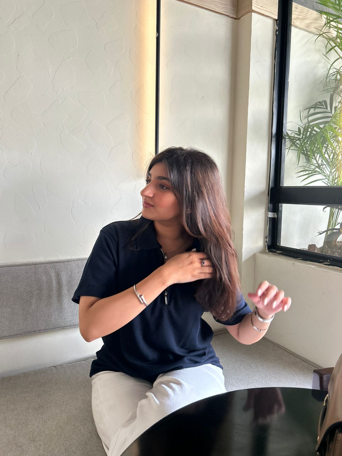 Women's Relaxed Fit Textured Navy Polo Shirt